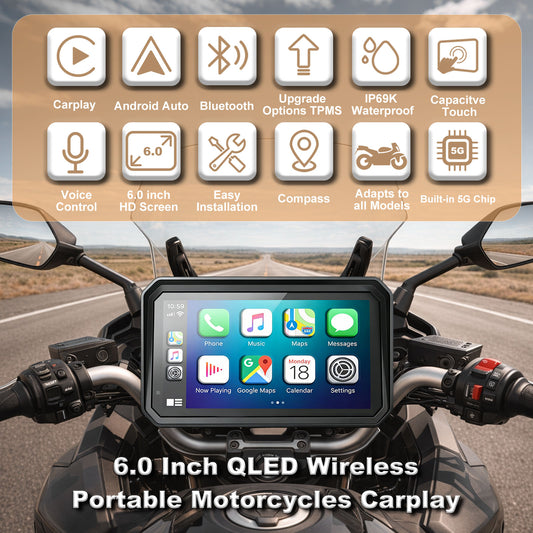 WEUASTE 6" Wireless Motorcycle Carplay with Android Auto, Waterproof GPS Nevigation System Screen for Motorbike, Music Sharing,Vioce Control,Light Sensor, BT,Anti-Theft Design Quick-Release Magnetic Mount