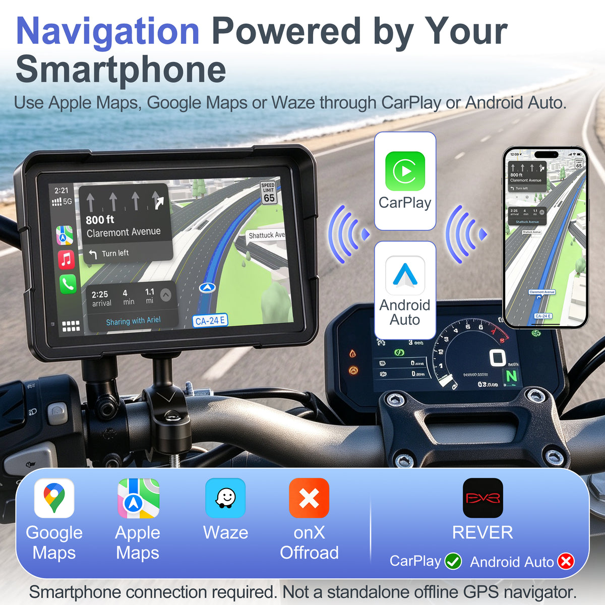 Weuaste YZW 7" Motorcycle CarPlay Screen & Android Auto, Find My, TPMS, USB Power, Magnetic Mount, 1000-Nit Touchscreen, IP69K Waterproof, Smartphone GPS Navigation, Helmet Headset Support, Voice Control