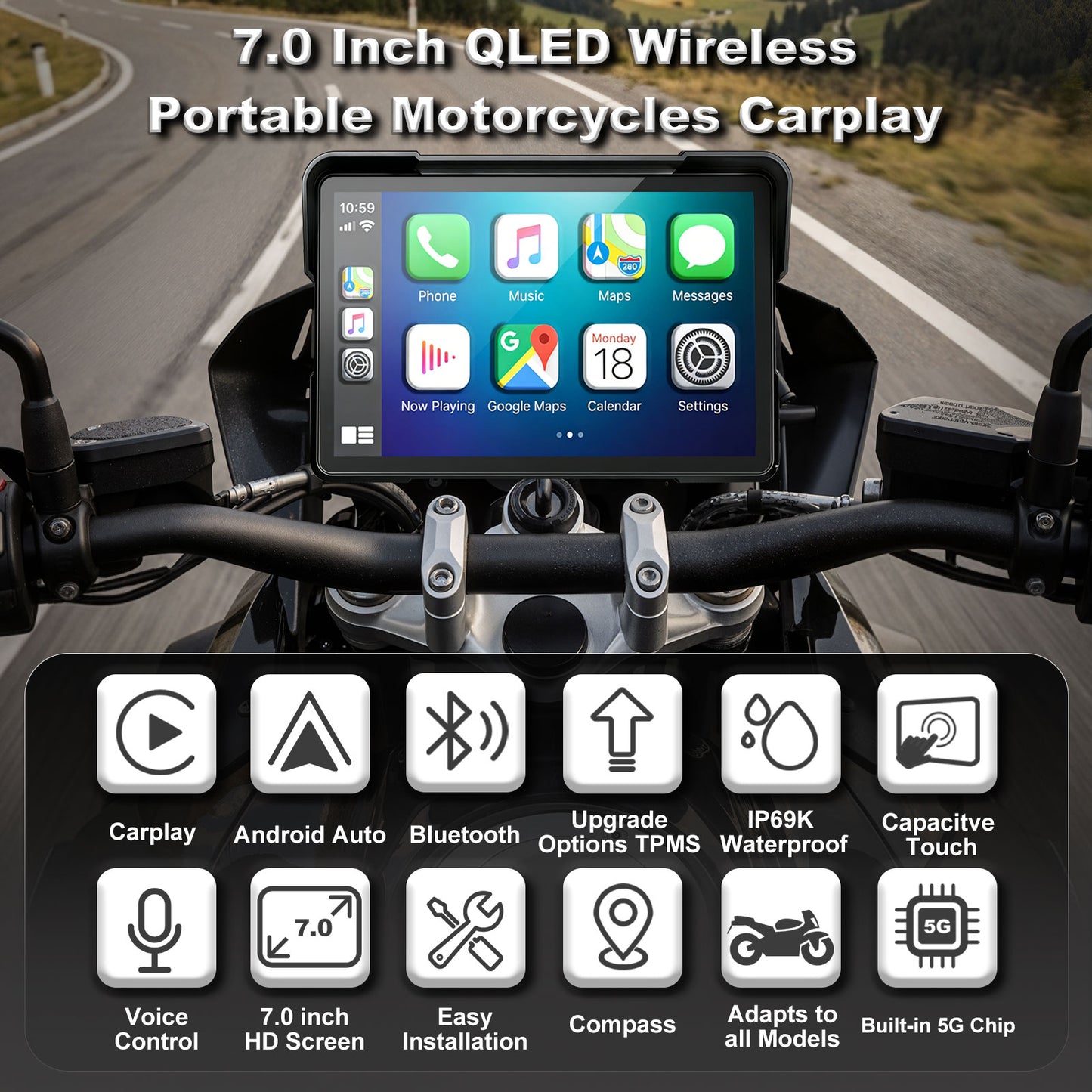 Weuaste Portable 7 inch Wireless Motorcycle Carplay GPS Screen with Android Auto, Navigation System Quick Release, Anti-thef, Bluetooth, Siri, Google Asistant, Light Sensor, Music Sharing,Vioce Control