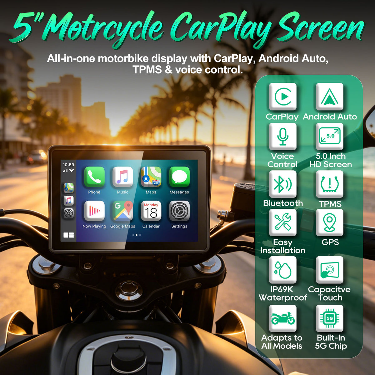 2026 Weuaste GPS Carplay 5 inch for Motorcycle with TPMS, Wireless CarPlay & Android Auto, GPS Nevigation, Supports Bluetooth, Siri, Google Assistant, Vioce Control, USB, IP69K HD Waterproof Touchscreen