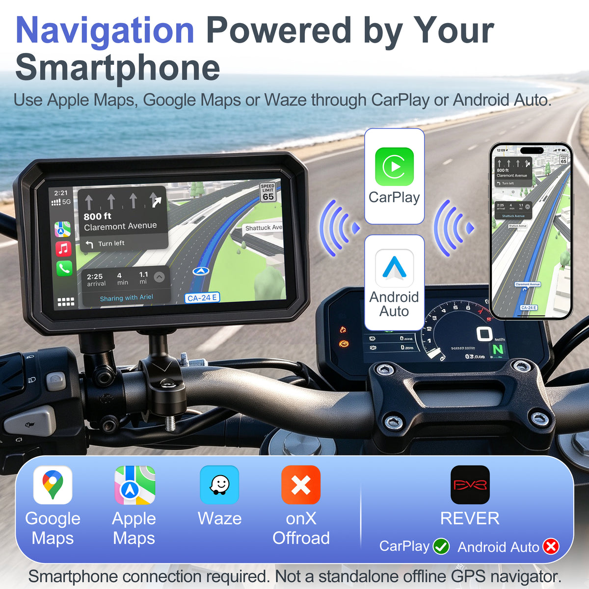 Weuaste 6" Motorcycle CarPlay Screen & Android Auto, Find My, Magnetic Mount, 1000-Nit Touchscreen, IP69K Waterproof, Smartphone GPS Navigation, Helmet Headset Support, Voice Control, Custom Boot Logo