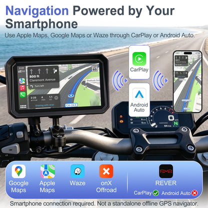 Weuaste 6" Motorcycle CarPlay Screen & Android Auto, Find My, Magnetic Mount, 1000-Nit Touchscreen, IP69K Waterproof, Smartphone GPS Navigation, Helmet Headset Support, Voice Control, Custom Boot Logo