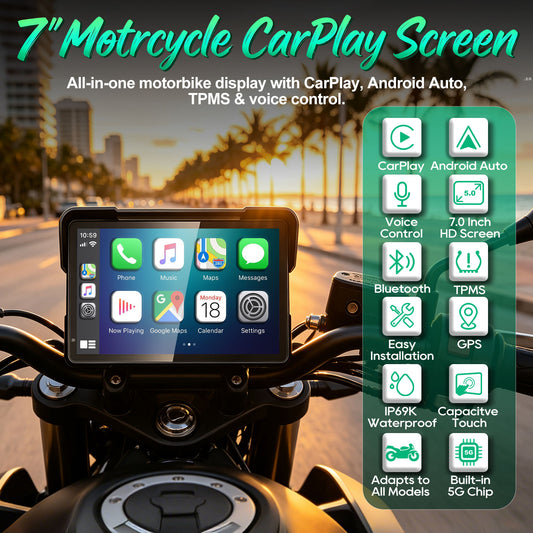 2026 Weuaste GPS Carplay 7 inch for Motorcycle with TPMS, Wireless CarPlay & Android Auto, GPS Nevigation, Supports Bluetooth, Siri, Google Assistant, Vioce Control, USB, IP69K HD Waterproof Touchscreen
