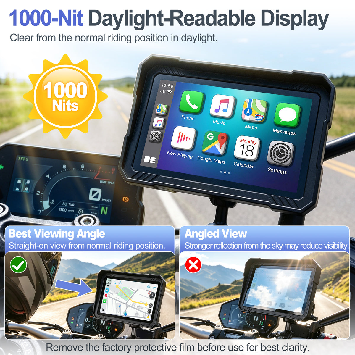 Weuaste 5" Motorcycle CarPlay Screen & Android Auto, Find My, TPMS, USB Power, Magnetic Mount, 1000-Nit Touchscreen, IP69K Waterproof, Smartphone GPS Navigation, Helmet Headset Support, Voice Control