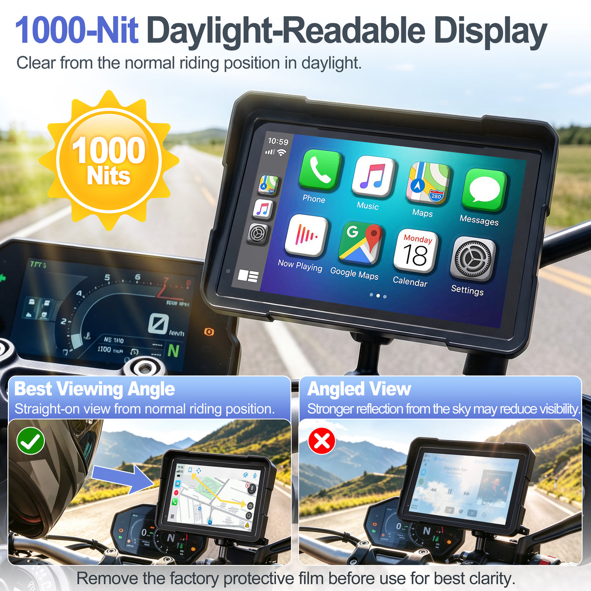 Weuaste YZW 7" Motorcycle CarPlay Screen & Android Auto, Find My, TPMS, USB Power, Magnetic Mount, 1000-Nit Touchscreen, IP69K Waterproof, Smartphone GPS Navigation, Helmet Headset Support, Voice Control
