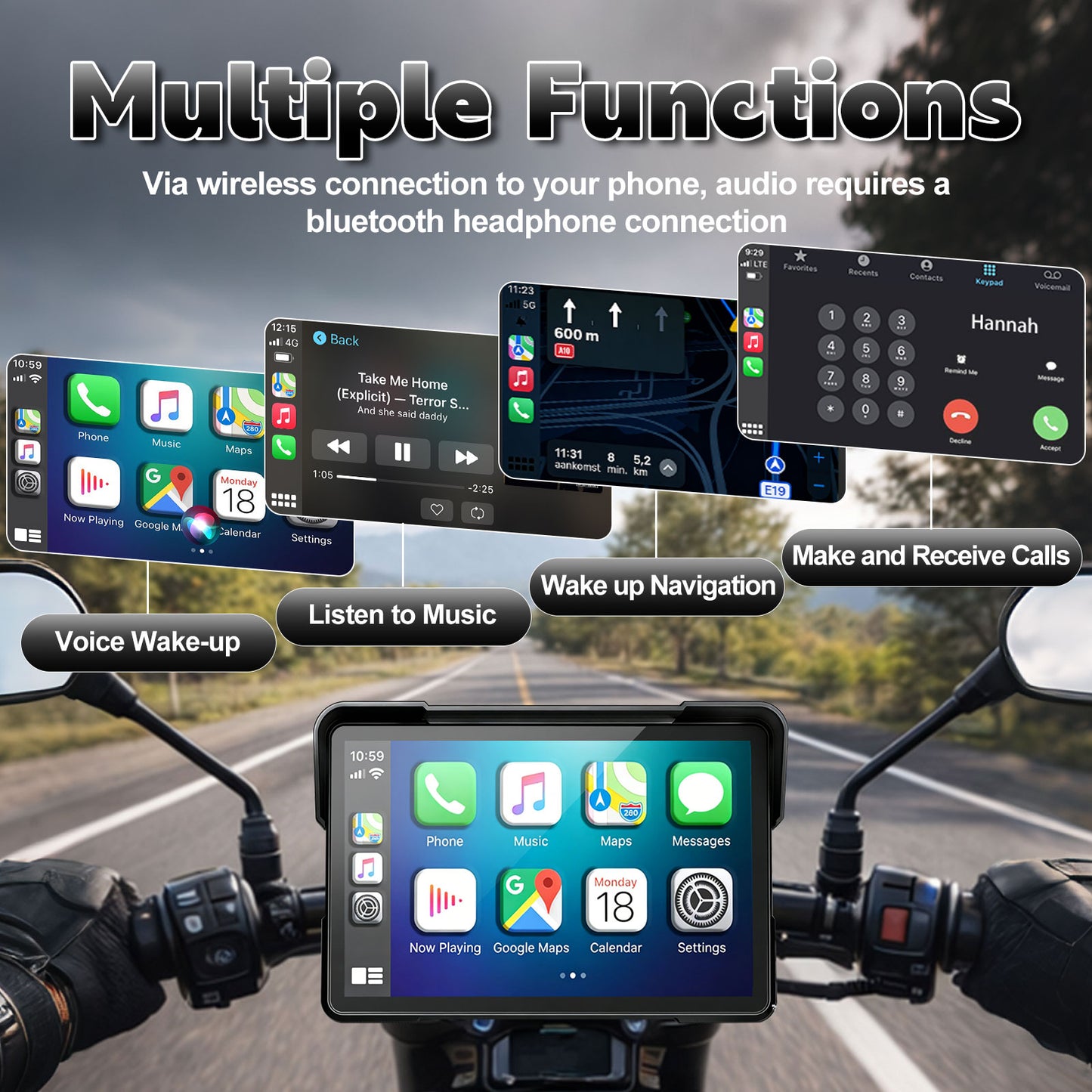 Weuaste Portable 7 inch Wireless Motorcycle Carplay GPS Screen with Android Auto, Navigation System Quick Release, Anti-thef, Bluetooth, Siri, Google Asistant, Light Sensor, Music Sharing,Vioce Control
