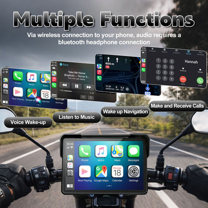 Weuaste Portable 7 inch Wireless Motorcycle Carplay GPS Screen with Android Auto, Navigation System Quick Release, Anti-thef, Bluetooth, Siri, Google Asistant, Light Sensor, Music Sharing,Vioce Control