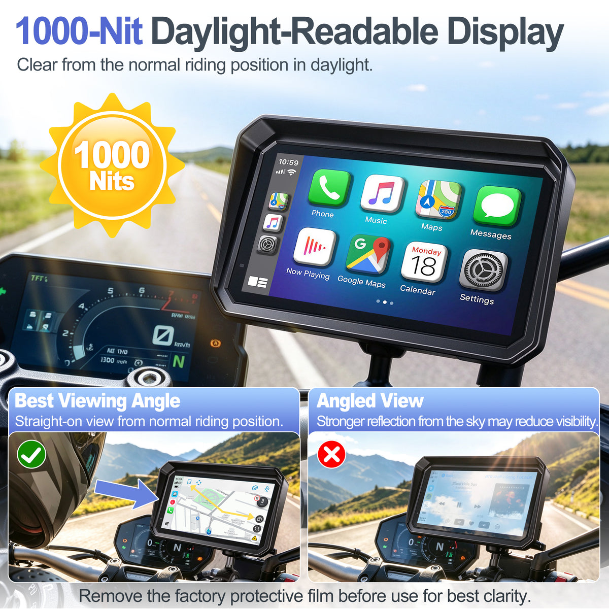 Weuaste 6" Motorcycle CarPlay Screen & Android Auto, Find My, Magnetic Mount, 1000-Nit Touchscreen, IP69K Waterproof, Smartphone GPS Navigation, Helmet Headset Support, Voice Control, Custom Boot Logo
