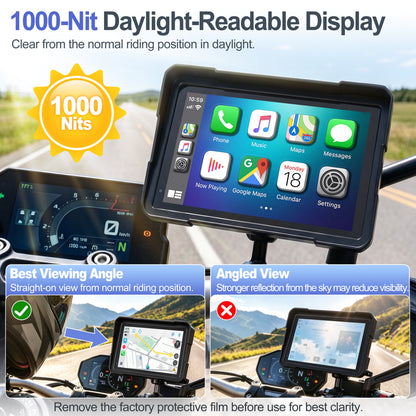 Weuaste 7" Motorcycle CarPlay Screen & Android Auto, Find My, Magnetic Mount, 1000-Nit Touchscreen, IP69K Waterproof, Smartphone GPS Navigation, Helmet Headset Support, Voice Control, Custom Boot Logo