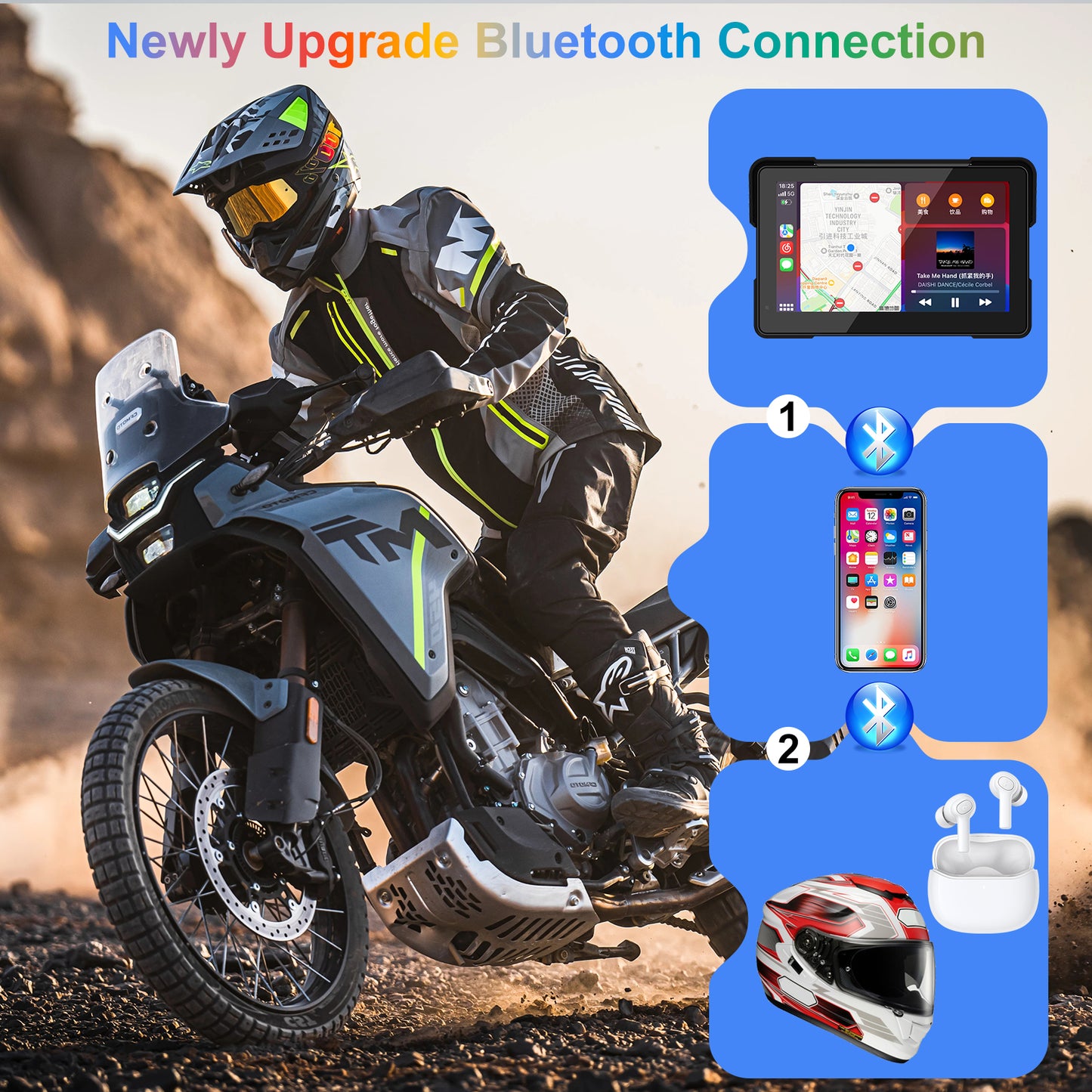 Weuaste MT700 Pro Portable Wireless Motorcycle Carplay & Android Auto Screen, Motorcycle Dash Cam/Camera, Motorbike TPMS, 7" Moto Carplay GPS Waterproof Touch Screen, Quick-Release Magnetic Mount
