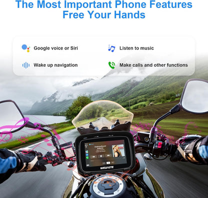 WEUASTE Portable Apple Carplay Screen for Motorcycle, Wireless Apple Car Play & Android Auto GPS for Motorbike, 5" IPS Touch Screen, IPX7 Waterproof, Dual Bluetooth, Support Siri and Google Assistant