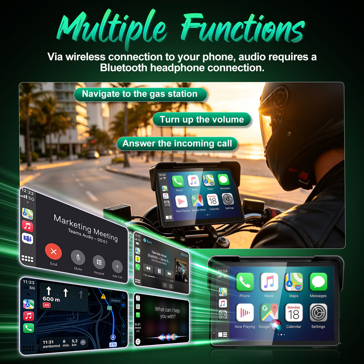 2026 Weuaste GPS Carplay 7 inch for Motorcycle with TPMS, Wireless CarPlay & Android Auto, GPS Nevigation, Supports Bluetooth, Siri, Google Assistant, Vioce Control, USB, IP69K HD Waterproof Touchscreen