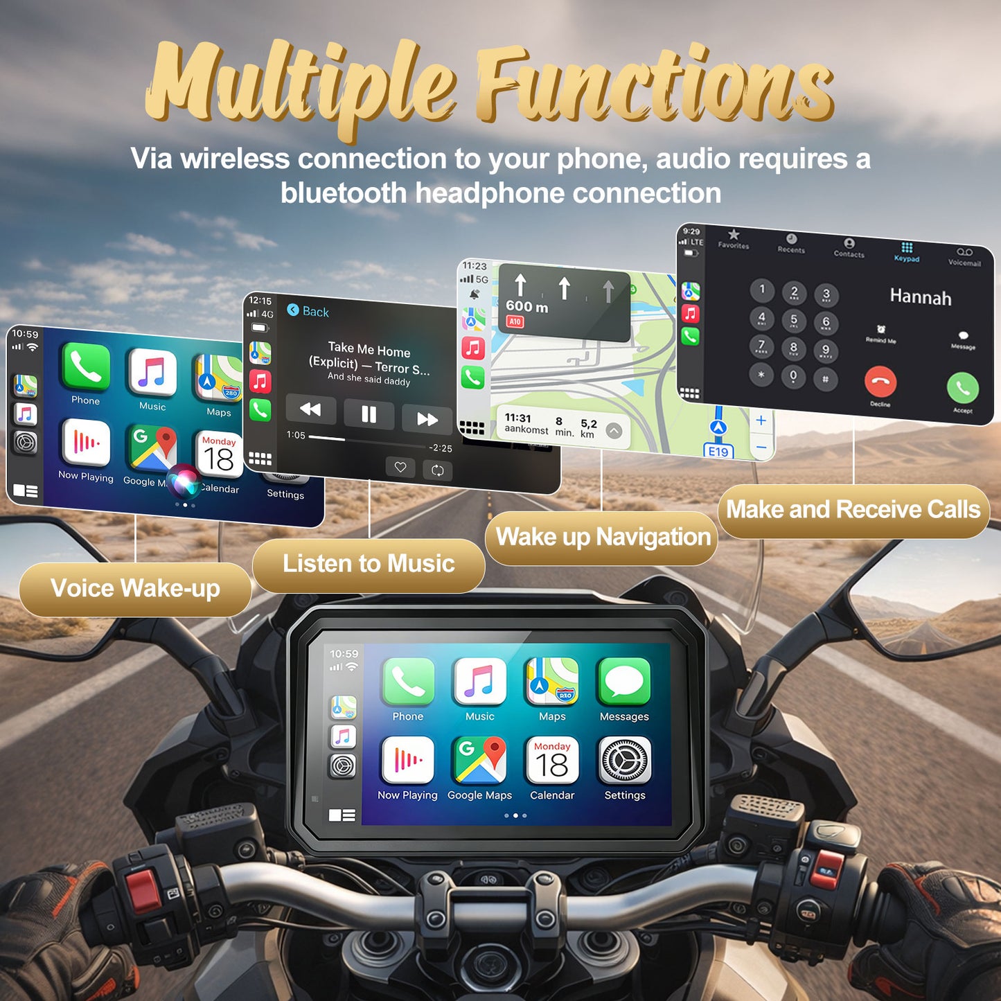 WEUASTE 6" Wireless Motorcycle Carplay with Android Auto, Waterproof GPS Nevigation System Screen for Motorbike, Music Sharing,Vioce Control,Light Sensor, BT,Anti-Theft Design Quick-Release Magnetic Mount