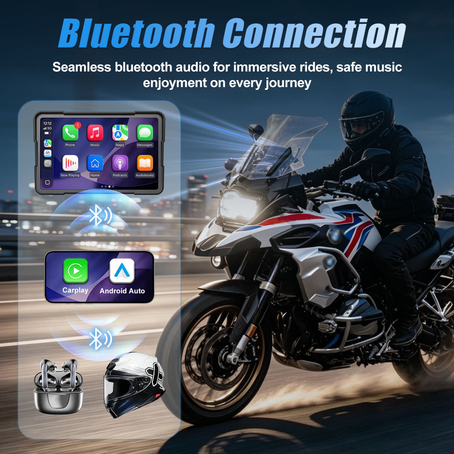WEUASTE 7" Motorcycle CarPlay Fit for BMW, Native Wonder Wheel Control, Data Reading, Wireless Bluetooth, GPS Navigation System, 1000 Nits IP67 Waterproof Touch Screen, Plug&Play, Android Auto/Siri/TPMS