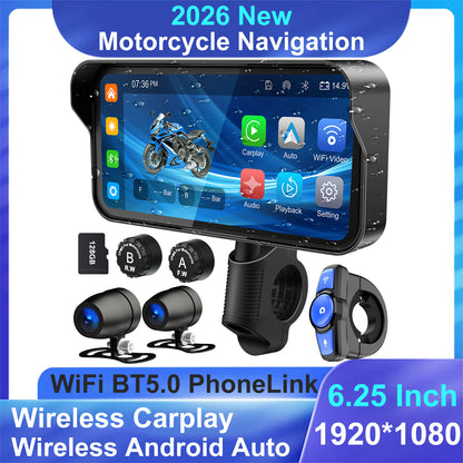 WEUASTE Motorcycle Dash Cam, Motorcycle Carplay/Android Auto, Motorbike TPMS GPS Navigation System, 6.25" IP67 Waterproof Touchscreen, Remote Control, Loop Recording, Support Siri, Free 128G SD Card