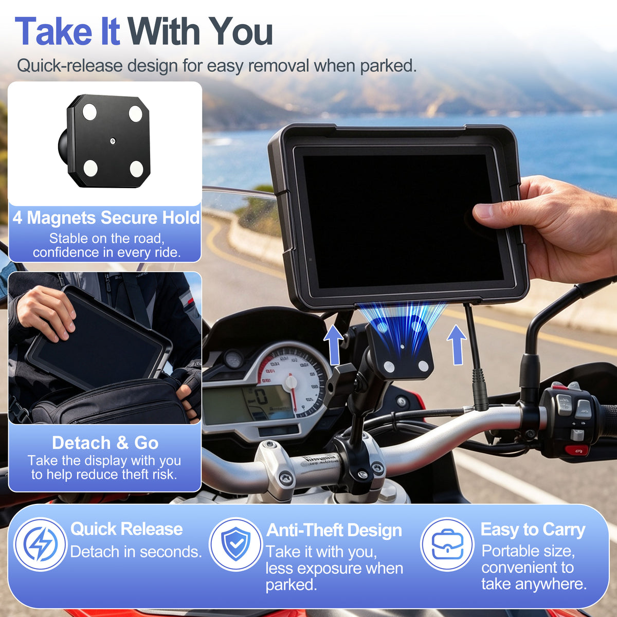 Weuaste YZW 7" Motorcycle CarPlay Screen & Android Auto, Find My, TPMS, USB Power, Magnetic Mount, 1000-Nit Touchscreen, IP69K Waterproof, Smartphone GPS Navigation, Helmet Headset Support, Voice Control