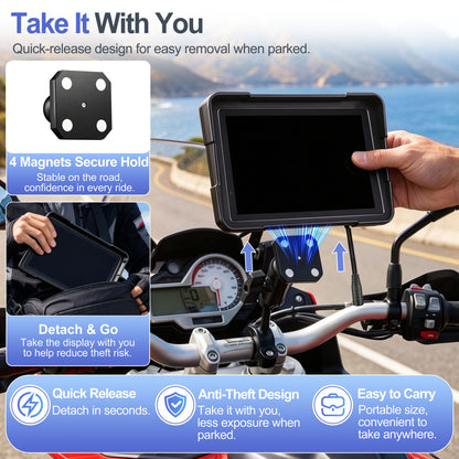 Weuaste YZW 7" Motorcycle CarPlay Screen & Android Auto, Find My, TPMS, USB Power, Magnetic Mount, 1000-Nit Touchscreen, IP69K Waterproof, Smartphone GPS Navigation, Helmet Headset Support, Voice Control