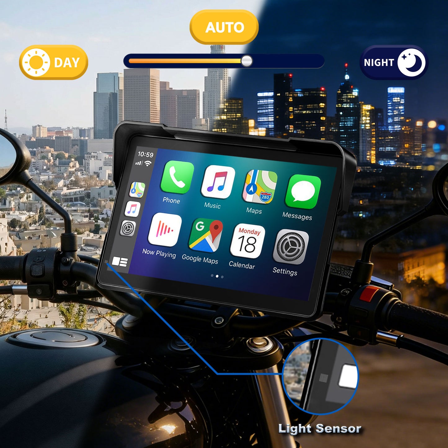 Weuaste Portable 7 inch Wireless Motorcycle Carplay GPS Screen with Android Auto, Navigation System Quick Release, Anti-thef, Bluetooth, Siri, Google Asistant, Light Sensor, Music Sharing,Vioce Control