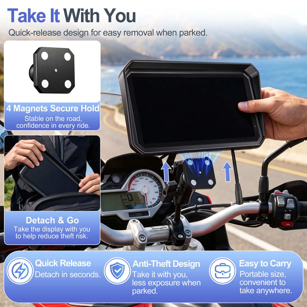 Weuaste 6" Motorcycle CarPlay Screen & Android Auto, Find My, Magnetic Mount, 1000-Nit Touchscreen, IP69K Waterproof, Smartphone GPS Navigation, Helmet Headset Support, Voice Control, Custom Boot Logo