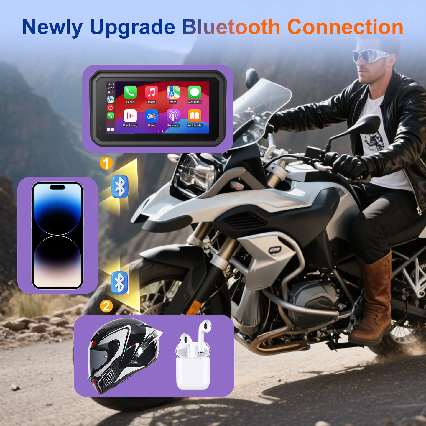 Motorcycle Carplay Screen for BMW R1200GS/R1200GSADV /R1250GS/R1250GSADV Motorcycle, 6 inch Waterproof Touchscreen, Portable Carplay/Android Auto GPS Navigation for Motorbike, Dual Bluetooth