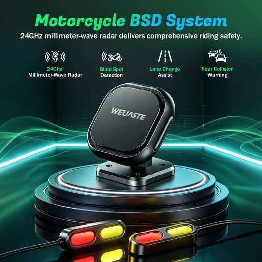 Weuaste BSD01 Motorcycle BSD Blind Spot Detection System, 24GHz Millimeter-Wave Radar, RCW Rear Collision Warning,IP69K Waterproof, All-Weather Safety Protection with LED Indicators Alert for All Moto