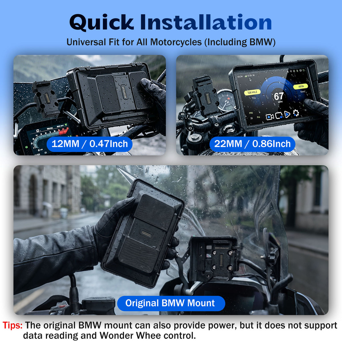 2026 Weuaste 7" Wireless Motorcycle CarPlay (Includes 128G SD) with TPMS, Android Auto, GPS Navigation, Dual 2K Dash Cam, IP69K Waterproof Touchscreen, BT, Quick Release, Anti-Glare Screen, Vioce Control