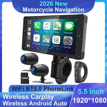 WEUASTE 5.5" Motorcycle Dash Cam DVR, Motorcycle Carplay & Android Auto, Motorbike GPS Navigation System, Dual HD 1080P Cameras, IP66 Waterproof, Digital Remote Control, 128GB SD Card, Support Siri