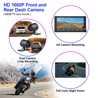 WEUASTE Motorcycle Dash Cam: Wireless Motorcycle Carplay, Android Auto, Motorbike TPMS, 5.5 inch Waterproof Touchscreen, Dual HD 1080P Cameras, Support Bluetooth/Siri/Google Assistant, SD-128GB