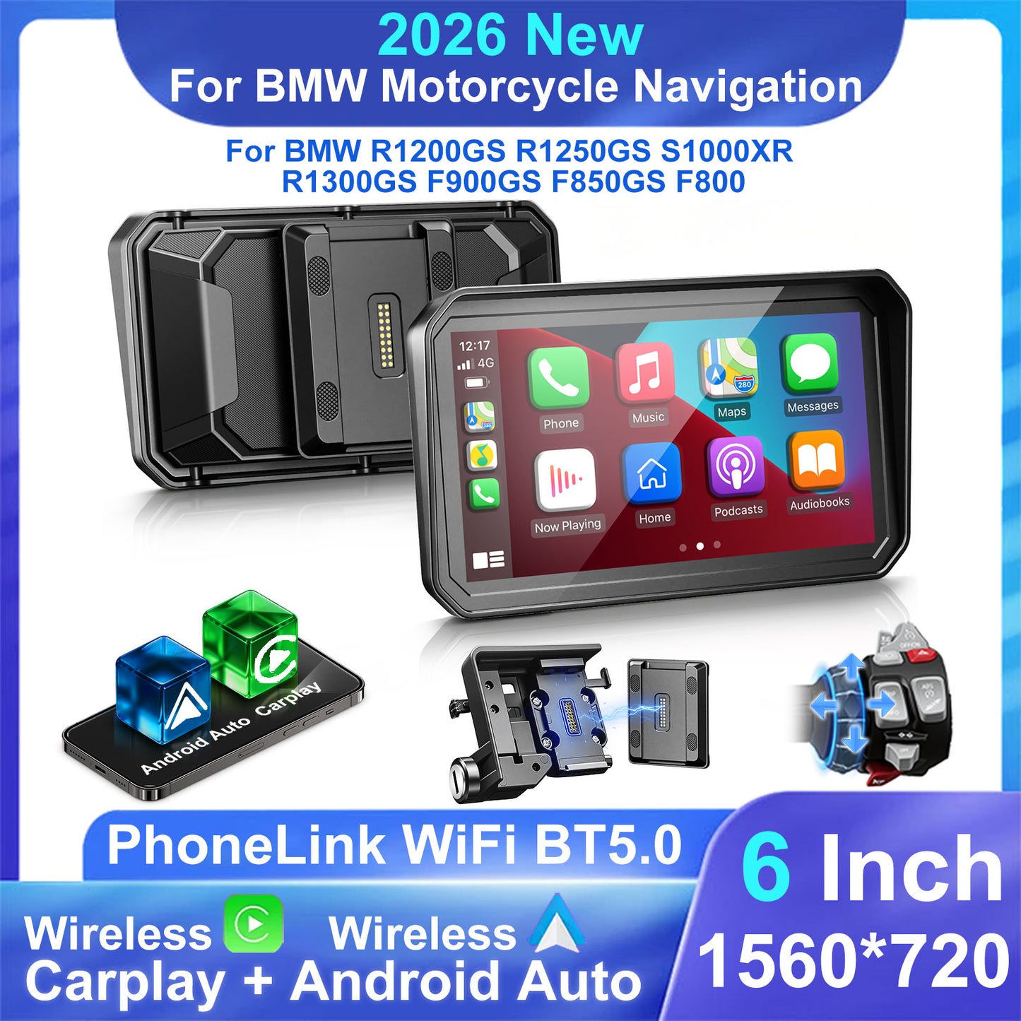 WEUASTE 6" Motorcycle CarPlay GPS Navigation Fit for BMW with Wonder Wheel, Wireless Bluetooth, 1000 Nits Waterproof HD Touch Screen, Plug&Play, Support Voice Control, TPMS/Light Sensor/Siri, Android Auto