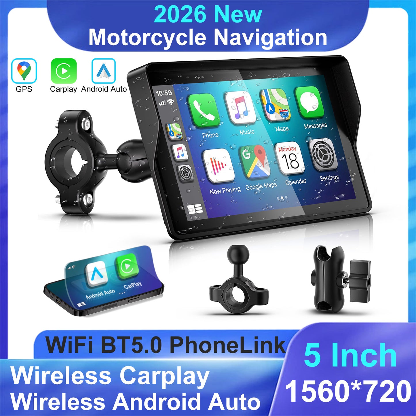 2026 WEUASTE GPS Carplay 5 inch for Motorcycle with Wireless CarPlay & Android Auto, IP69K Waterproof Touch Screen, GPS Navigation, Supports Bluetooth, Siri/Google Voice Control, Custom Boot Logo, Bracket