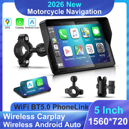 2026 WEUASTE GPS Carplay 5 inch for Motorcycle with Wireless CarPlay & Android Auto, IP69K Waterproof Touch Screen, GPS Navigation, Supports Bluetooth, Siri/Google Voice Control, Custom Boot Logo, Bracket