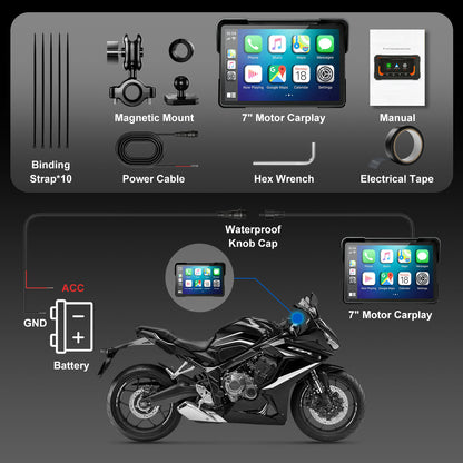 Weuaste Portable 7 inch Wireless Motorcycle Carplay GPS Screen with Android Auto, Navigation System Quick Release, Anti-thef, Bluetooth, Siri, Google Asistant, Light Sensor, Music Sharing,Vioce Control