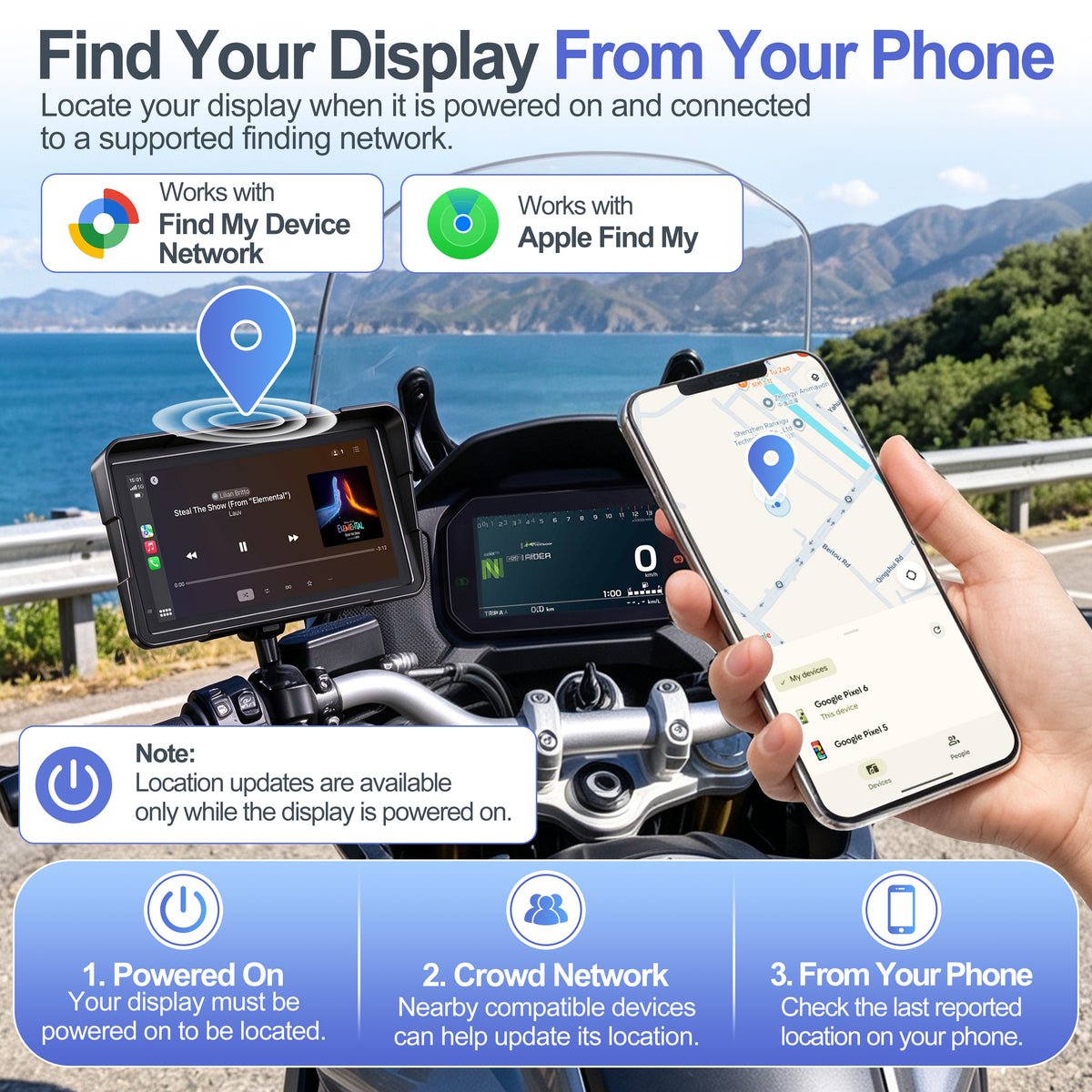 Weuaste 7" Motorcycle CarPlay Screen & Android Auto, Find My, Magnetic Mount, 1000-Nit Touchscreen, IP69K Waterproof, Smartphone GPS Navigation, Helmet Headset Support, Voice Control, Custom Boot Logo