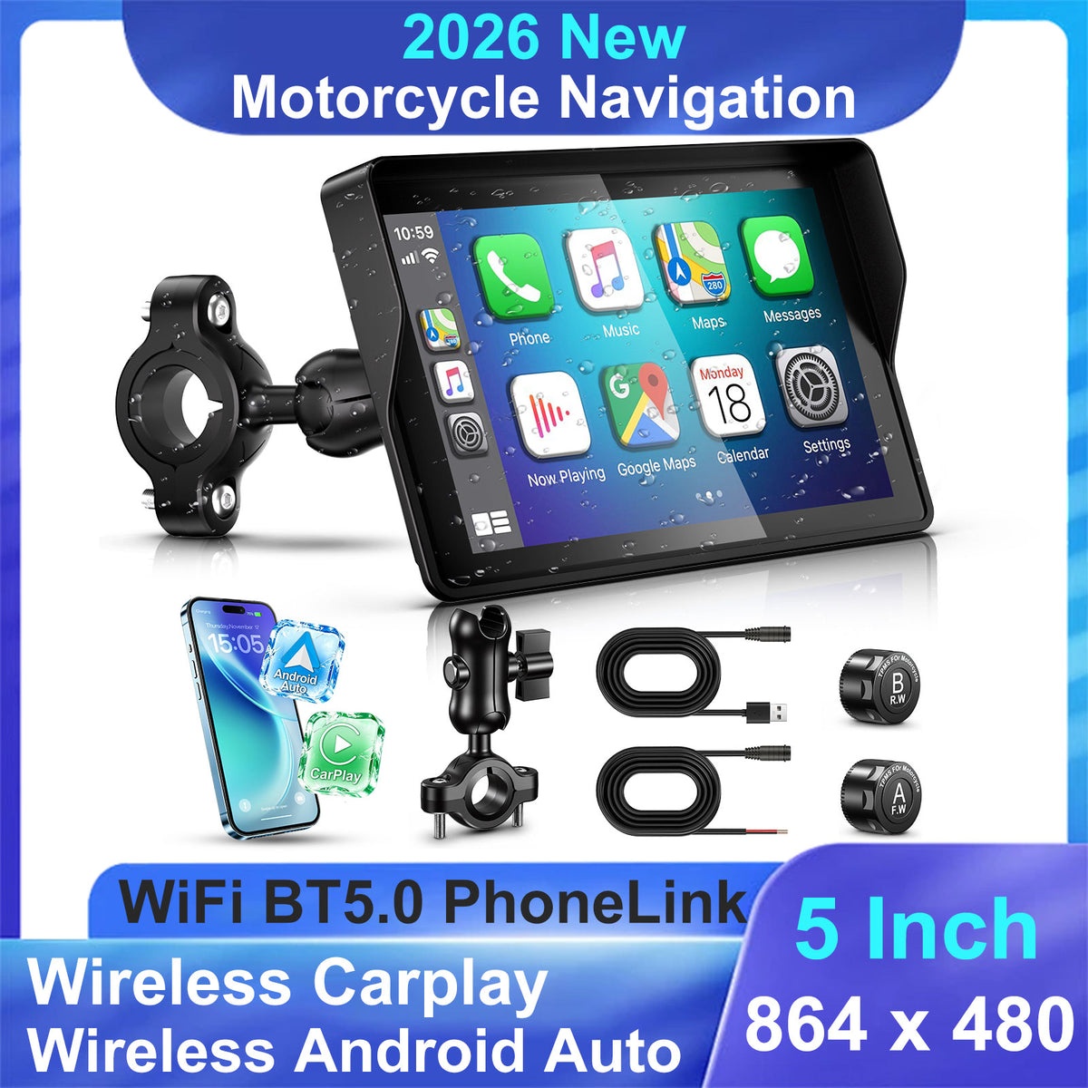 2026 Weuaste GPS Carplay 5 inch for Motorcycle with TPMS, Wireless CarPlay & Android Auto, GPS Nevigation, Supports Bluetooth, Siri, Google Assistant, Vioce Control, USB, IP69K HD Waterproof Touchscreen
