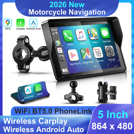 Weuaste 5-Inch Motorcycle CarPlay, Motorcycle GPS, Apple CarPlay & Android Auto, 1000-Nit IP69K Touchscreen, Optional USB Power & TPMS Support, Bluetooth Helmet Headset Compatibility & Custom Boot Logo