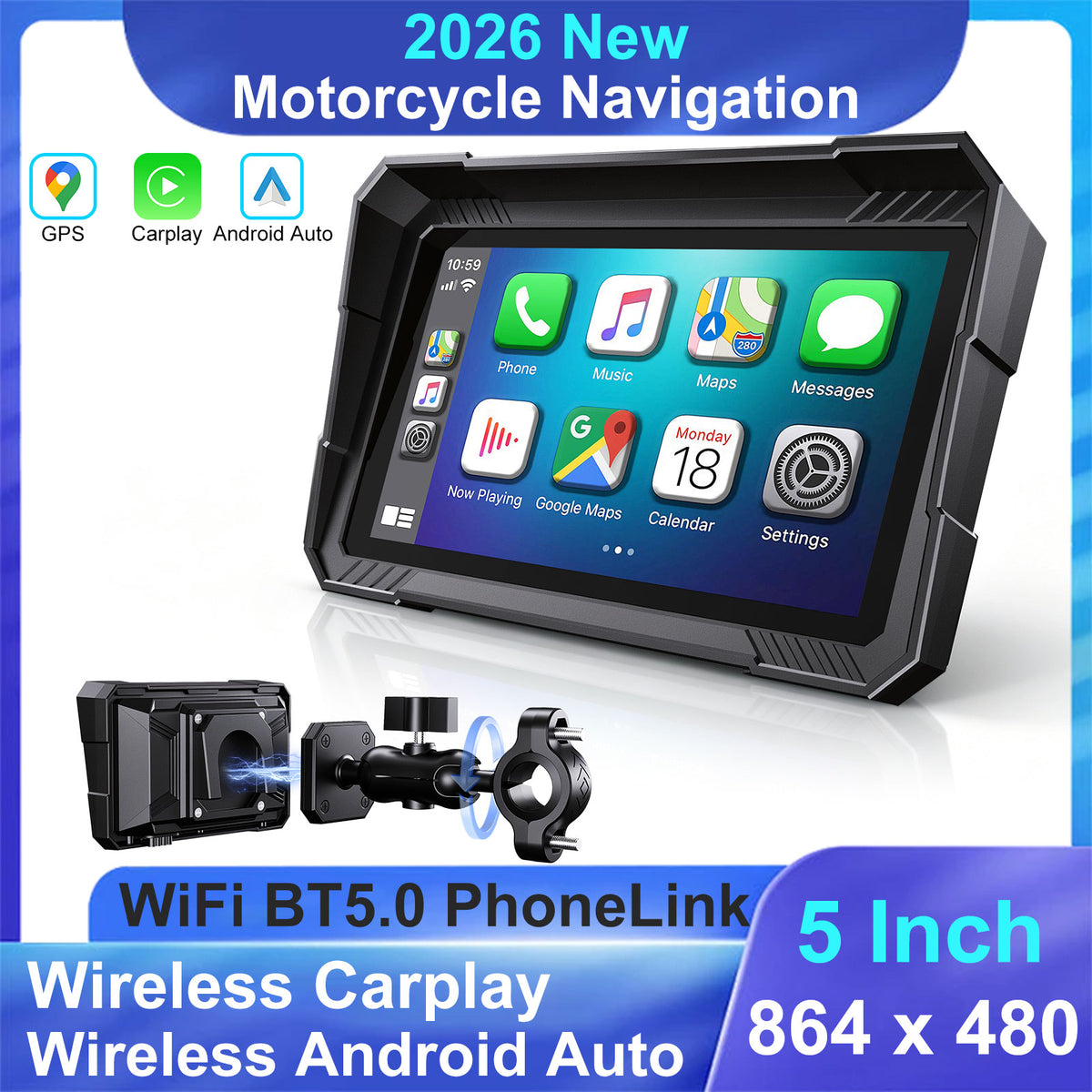 Weuaste 5" Motorcycle CarPlay Screen & Android Auto, Find My, Magnetic Mount, 1000-Nit Touchscreen, IP69K Waterproof, Smartphone GPS Navigation, Helmet Headset Support, Voice Control, Custom Boot Logo