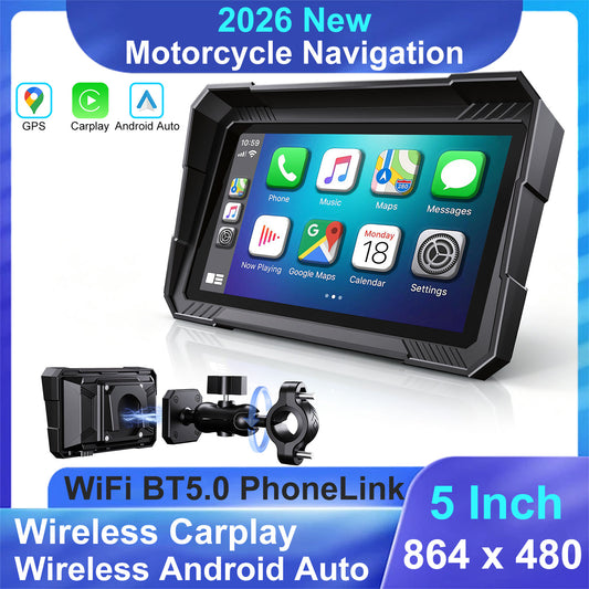 Weuaste 5" Motorcycle CarPlay Screen & Android Auto, Find My, Magnetic Mount, 1000-Nit Touchscreen, IP69K Waterproof, Smartphone GPS Navigation, Helmet Headset Support, Voice Control, Custom Boot Logo