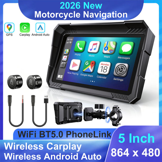 Weuaste 5" Motorcycle CarPlay Screen & Android Auto, Find My, TPMS, USB Power, Magnetic Mount, 1000-Nit Touchscreen, IP69K Waterproof, Smartphone GPS Navigation, Helmet Headset Support, Voice Control