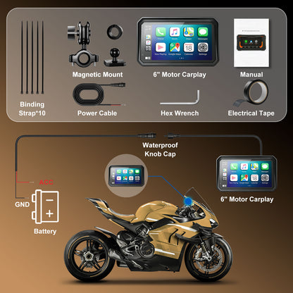 WEUASTE 6" Wireless Motorcycle Carplay with Android Auto, Waterproof GPS Nevigation System Screen for Motorbike, Music Sharing,Vioce Control,Light Sensor, BT,Anti-Theft Design Quick-Release Magnetic Mount