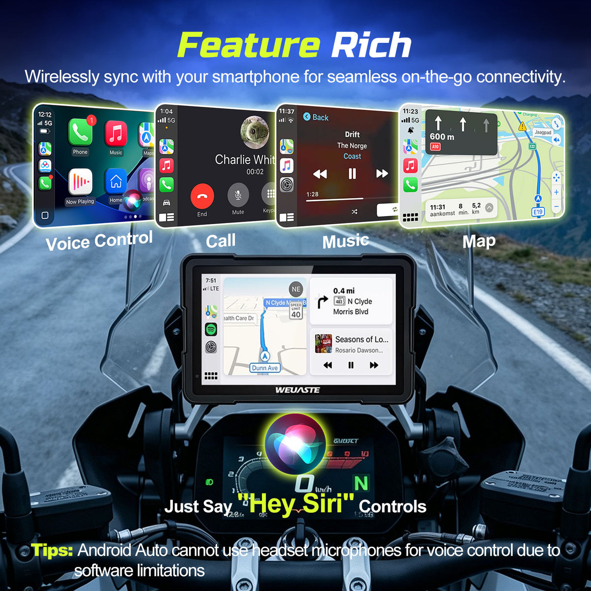 Weuaste Motorcycle CarPlay for BMW, Android Auto GPS, Wonder Wheel Control, 7" IP69K Waterproof Navigation for BMW Motorcycle Touchscreen, Native Data Reading, TPMS, 1000-Nit Light Sensor, Plug & Play