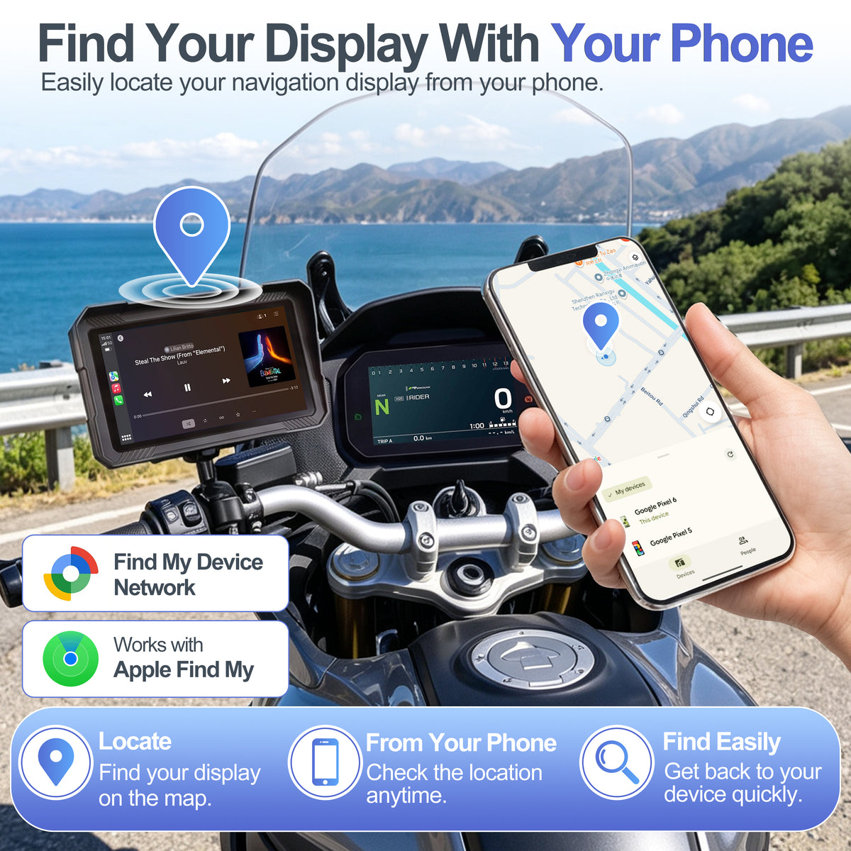 Weuaste 5" Motorcycle CarPlay Screen & Android Auto, Find My, TPMS, USB Power, Magnetic Mount, 1000-Nit Touchscreen, IP69K Waterproof, Smartphone GPS Navigation, Helmet Headset Support, Voice Control