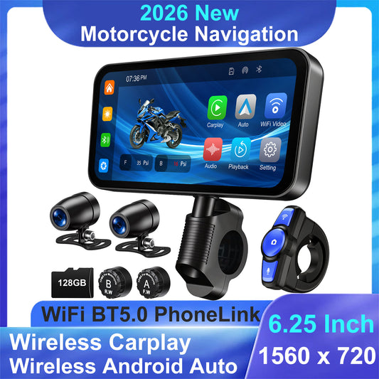 WEUASTE Motorcycle Dash Cam, Motorcycle Carplay/Android Auto, Motorbike TPMS GPS Navigation System, 6.25" IP67 Waterproof Touchscreen, Remote Control, Loop Recording, Support Siri, Free 128G SD Card