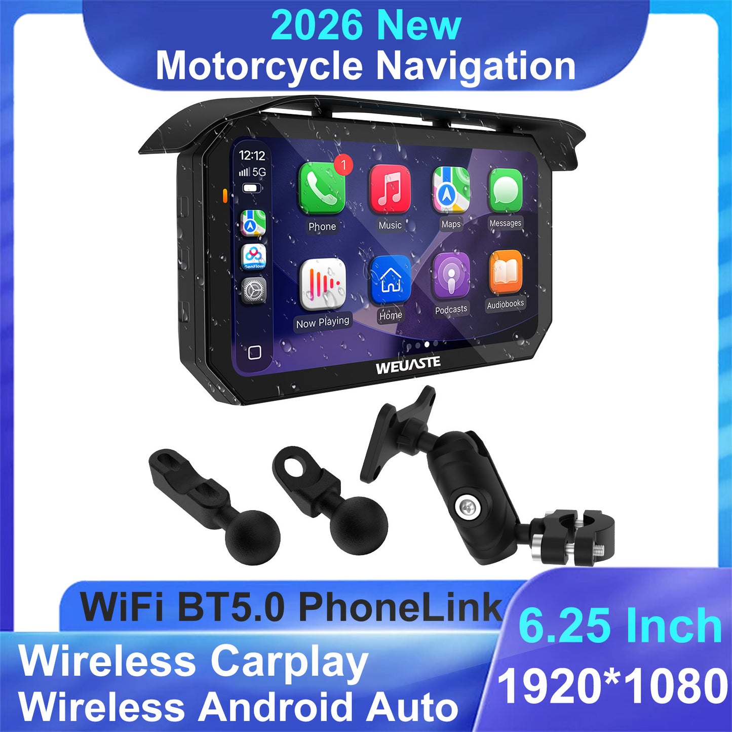 Weuaste MT92A for Motorcycle CarPlay& Android Auto& HiCar, 6.25" Waterproof GPS Navigation for Motorbike, Metal aAnti-theft Bracket, Portable Moto GPS Car Play, Fully laminated Screen, High Brightness