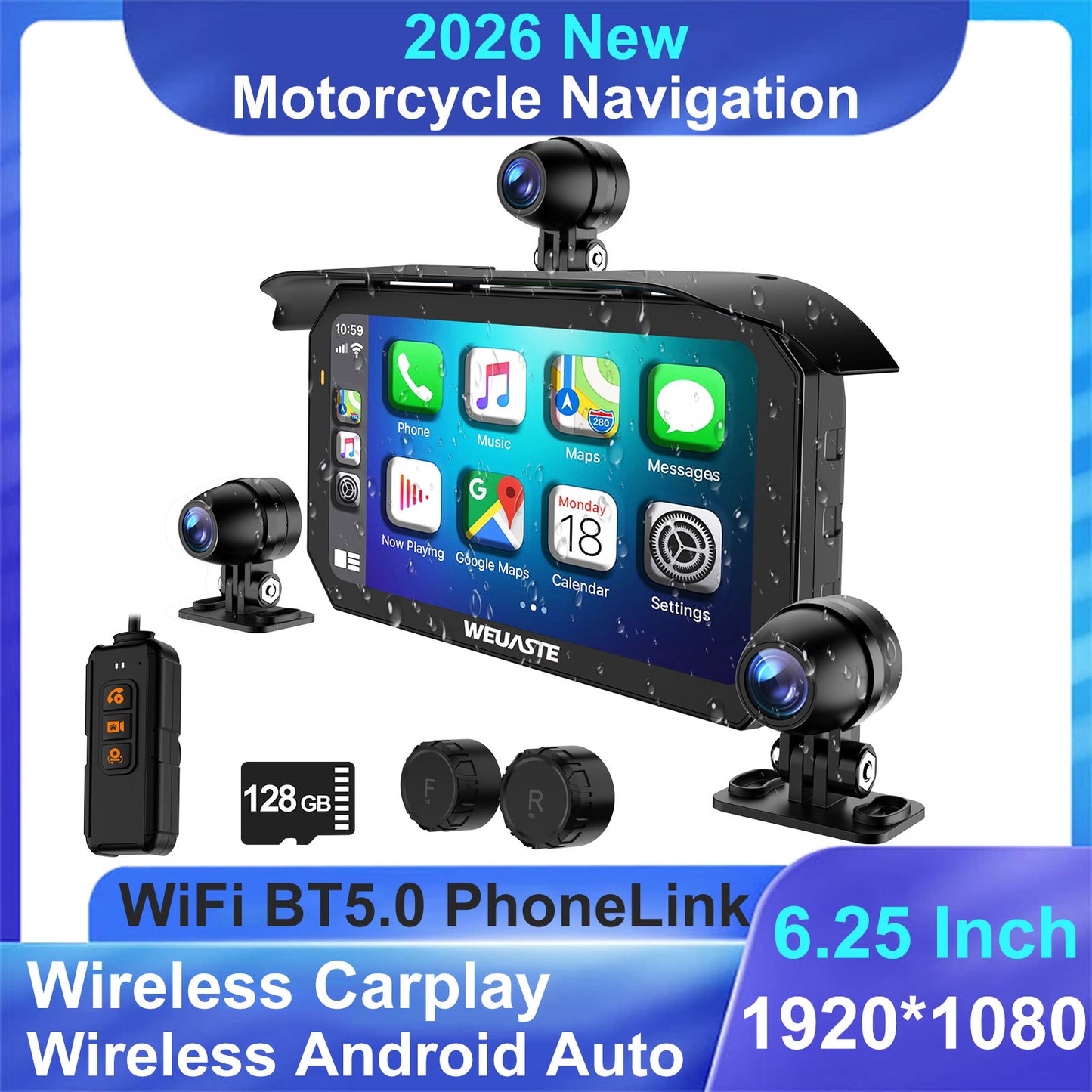 Weuaste MT92C 6.25" Motorcycle Carplay Screen, HD 1080P Dual Dash Cam + First-Person Camera, Moto TPMS, Wireless Car Play/Android Auto/HiCar, Loop Recording, Controller, Metal Anti-Theft Bracket