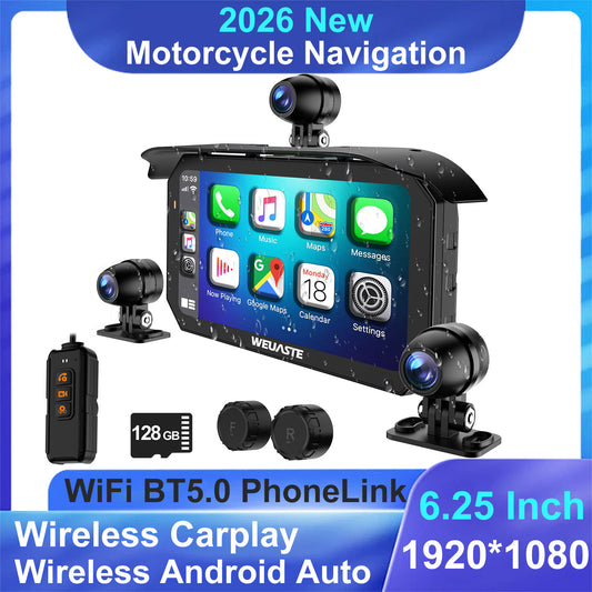 Weuaste MT92C 6.25" Motorcycle Carplay Screen, HD 1080P Dual Dash Cam + First-Person Camera, Moto TPMS, Wireless Car Play/Android Auto/HiCar, Loop Recording, Controller, Metal Anti-Theft Bracket