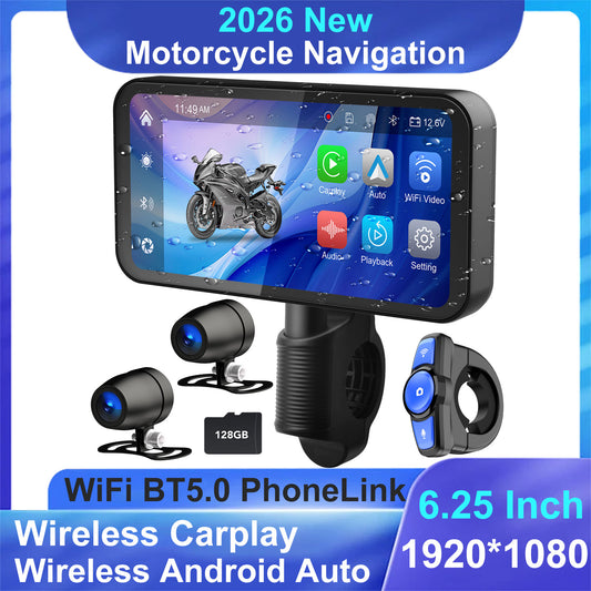 WEUASTE Motorcycle Dash Cam, Portable Motorcycle Carplay/Android Auto, Motorbike GPS Navigation System, 6.25" IP67 Waterproof Touchscreen, Remote Control, Siri, Google Assistant, Free 128G SD Card