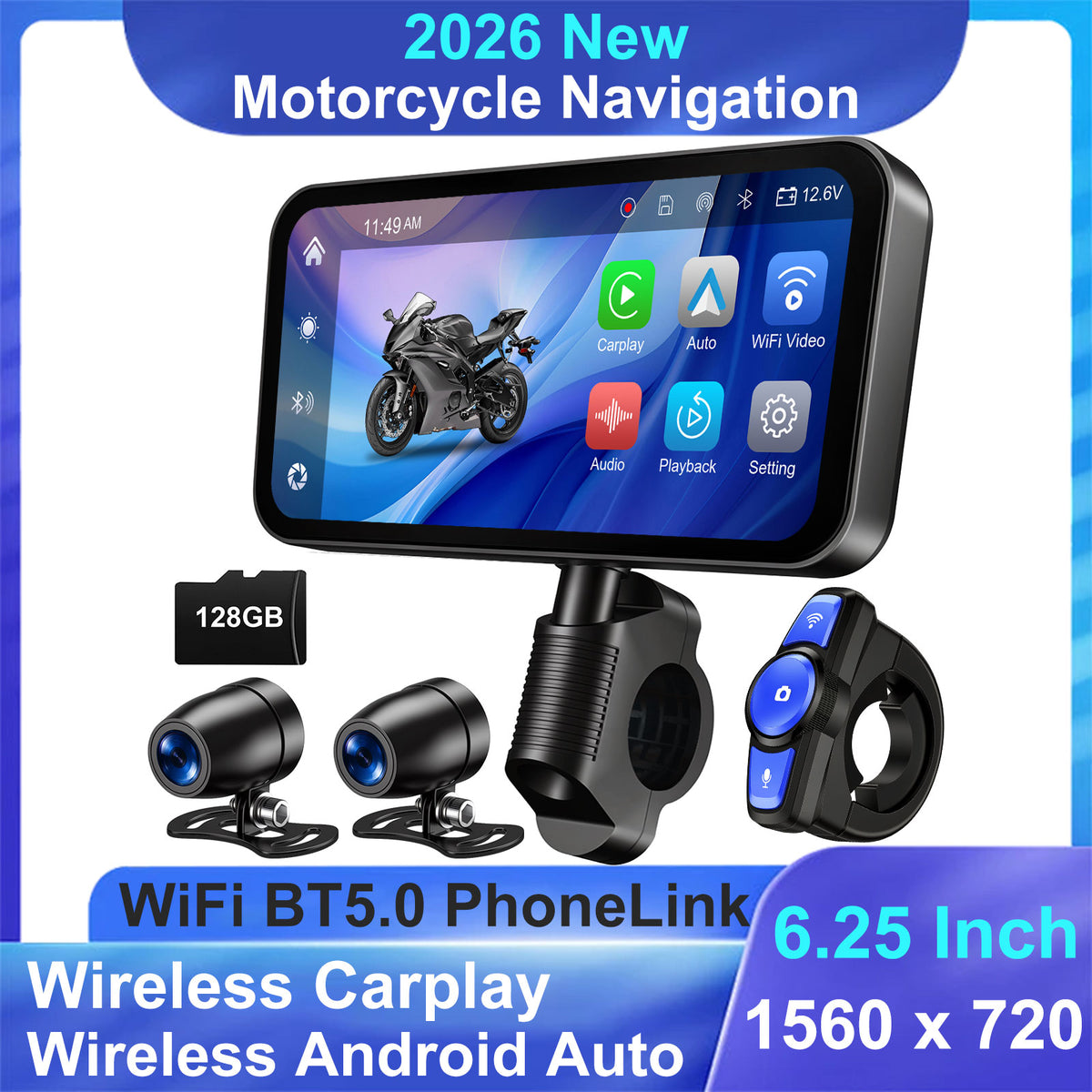 WEUASTE Motorcycle Dash Cam, Portable Motorcycle Carplay/Android Auto, Motorbike GPS Navigation System, 6.25" IP67 Waterproof Touchscreen, Remote Control, Siri, Google Assistant, Free 128G SD Card