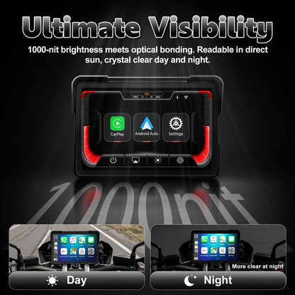 Weuaste Portable 7 inch Wireless Motorcycle Carplay GPS Screen with Android Auto, Navigation System Quick Release, Anti-thef, Bluetooth, Siri, Google Asistant, Light Sensor, Music Sharing,Vioce Control