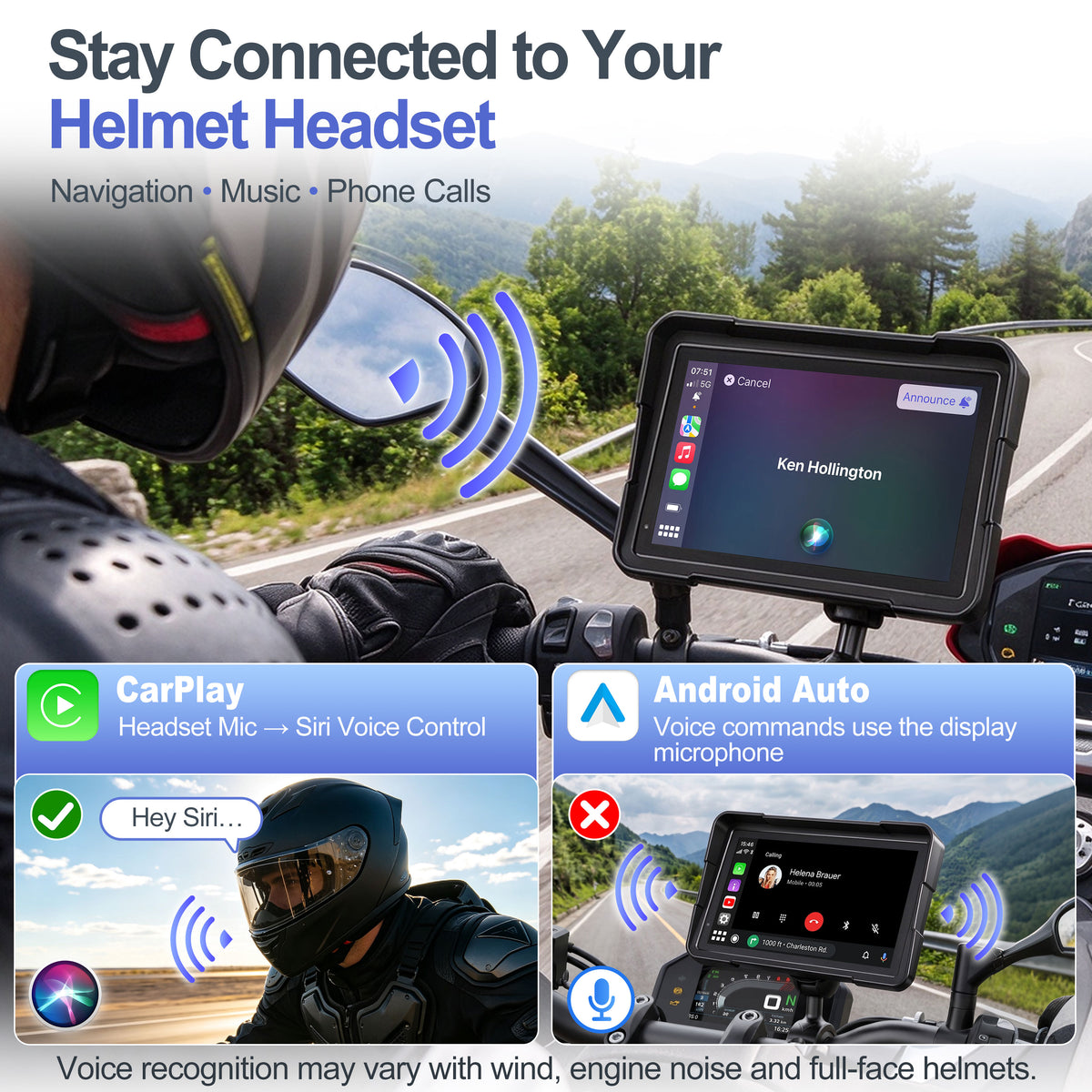 Weuaste 7" Motorcycle CarPlay Screen & Android Auto, Find My, Magnetic Mount, 1000-Nit Touchscreen, IP69K Waterproof, Smartphone GPS Navigation, Helmet Headset Support, Voice Control, Custom Boot Logo