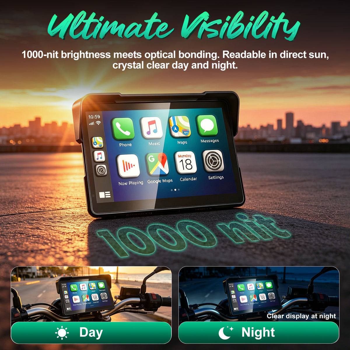 2026 Weuaste GPS Carplay 7 inch for Motorcycle with TPMS, Wireless CarPlay & Android Auto, GPS Nevigation, Supports Bluetooth, Siri, Google Assistant, Vioce Control, USB, IP69K HD Waterproof Touchscreen